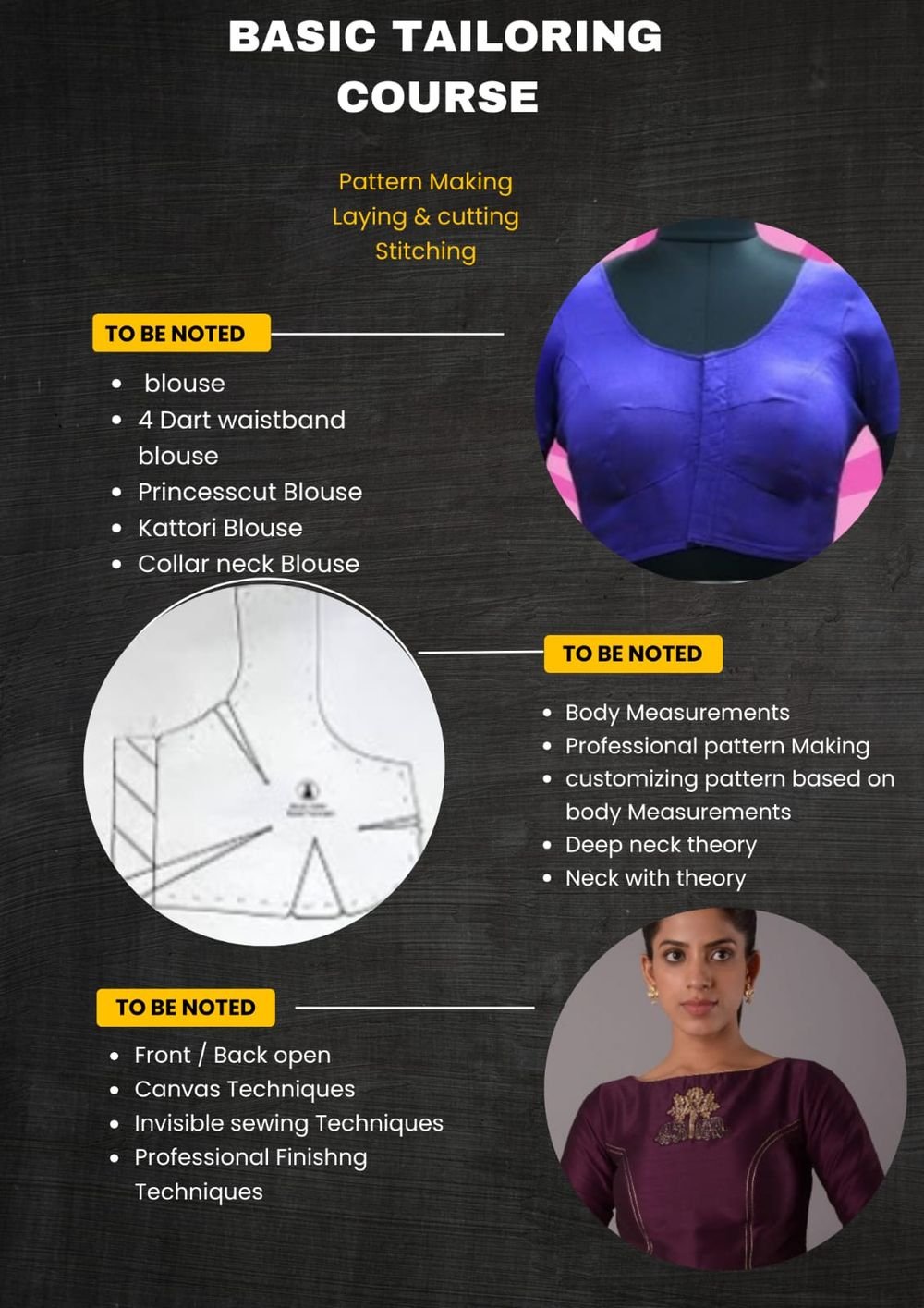 Basic Tailoring course highlight card: pattern making, laying, cutting and stitching