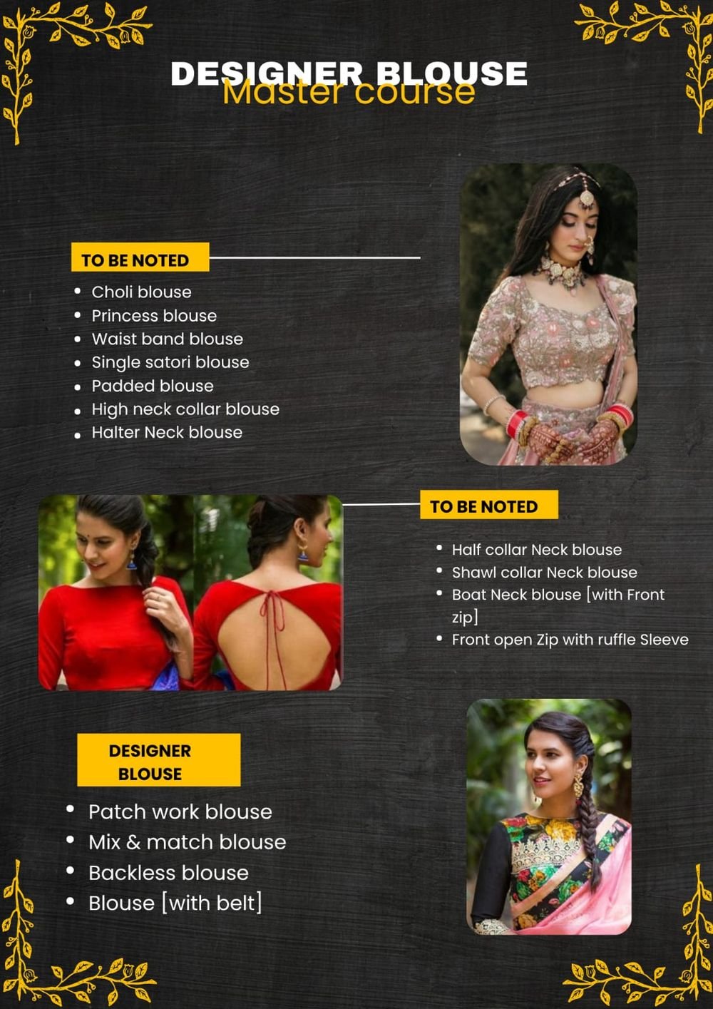 Designer Blouse Master course highlight card showing embellished blouse designs