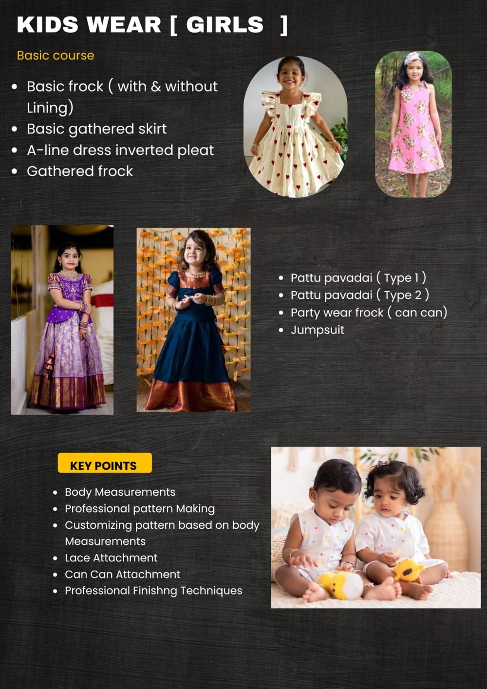 Kids Wear course highlight card showing frocks and pattu pavadai for girls