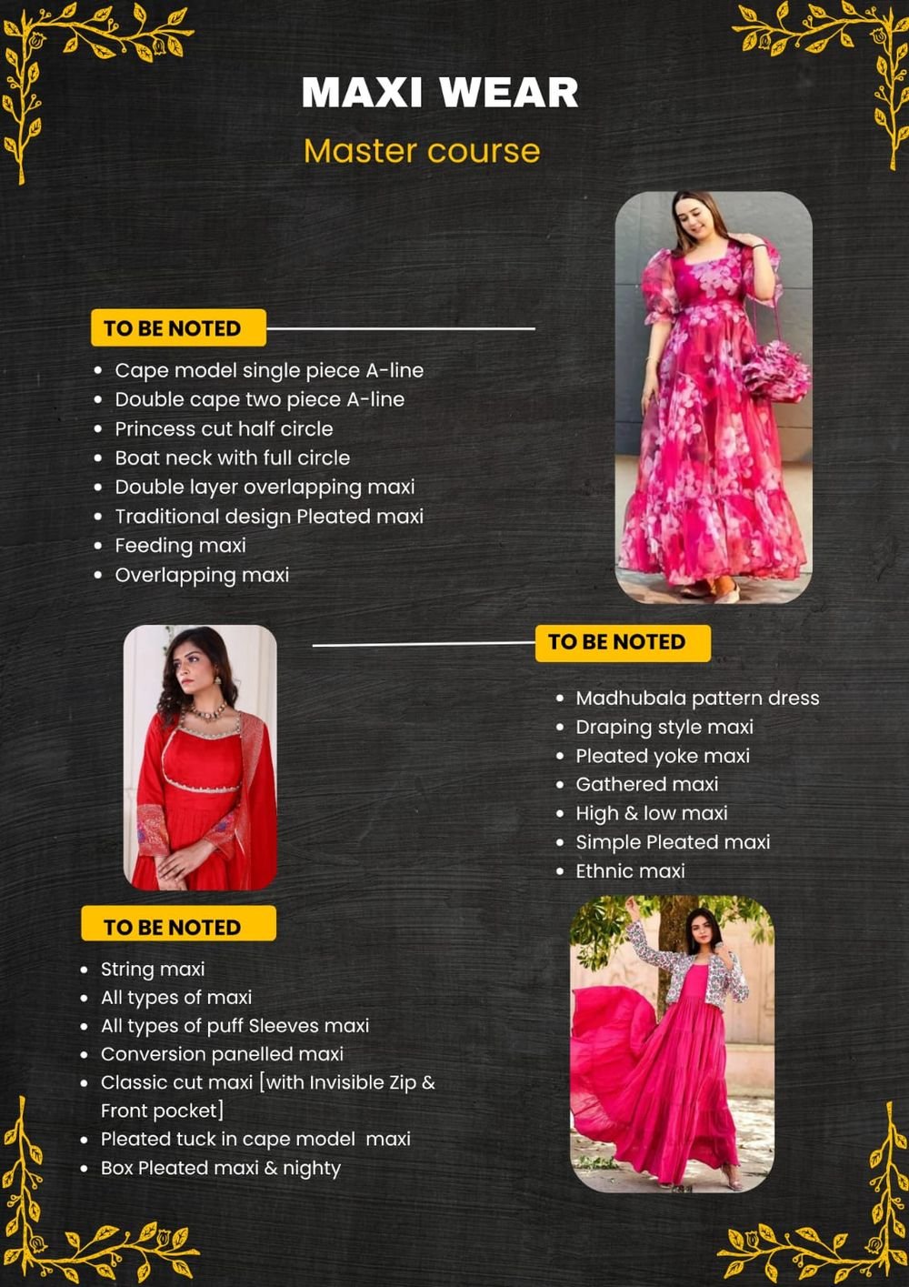 Maxi Wear Master course highlight card showing finished maxi dress designs