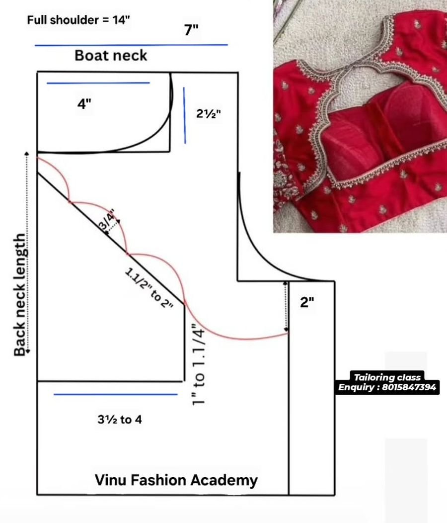 Hand-drawn boat neck blouse pattern draft with measurements, alongside the finished embroidered blouse