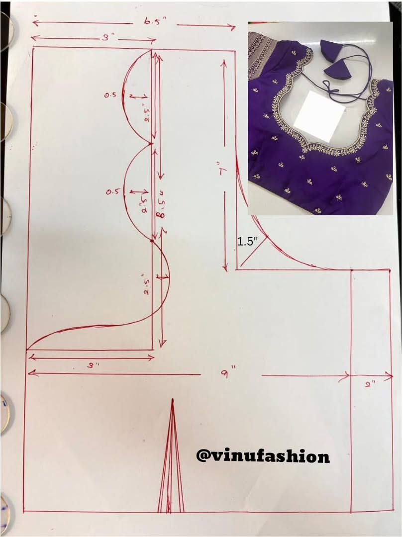 Hand-drawn scallop neckline blouse pattern draft, alongside the finished purple embroidered blouse