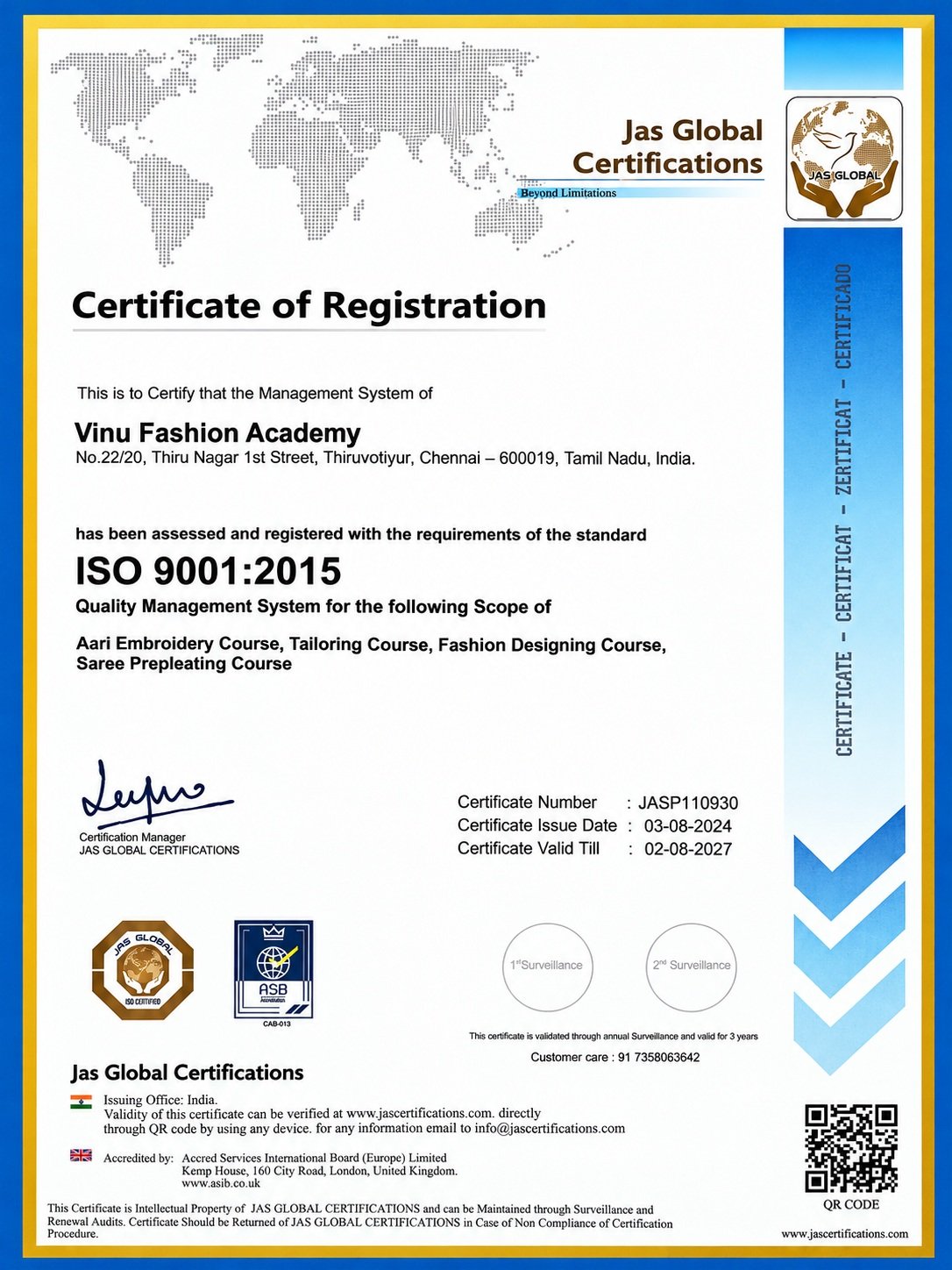 ISO 9001:2015 Certificate of Registration issued to Vinu Fashion Academy by Jas Global Certifications
